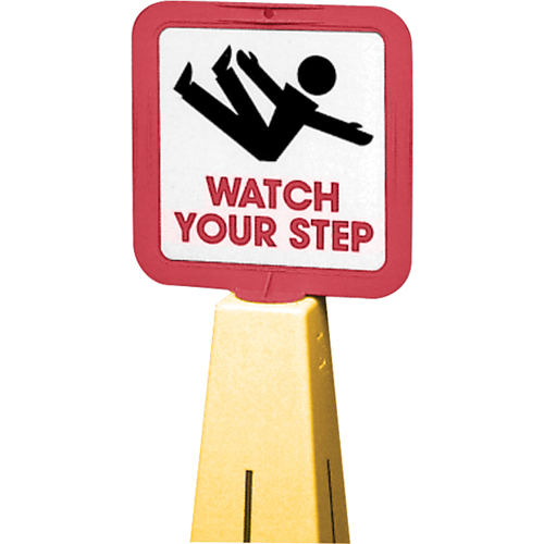 "Watch Your Step" Traffic Cone Message Label, Adhesive, English with Pictogram - Floor Signs - NC700