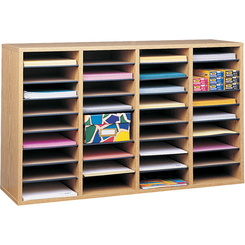 Adjustable Compartment Literature Organizer, Stationary, 36 Slots, Wood, 39-1/4" W x 11-3/4" D x 24" H