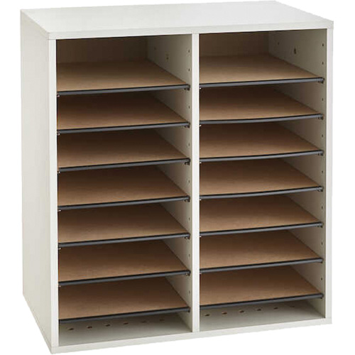 Adjustable Compartment Literature Organizer, Stationary, 16 Slots, Wood, 19-1/2" W x 11-3/4" D x 21" H
