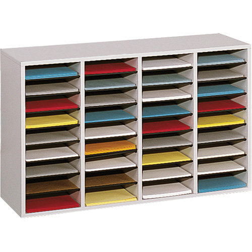 Adjustable Compartment Literature Organizer, Stationary, 36 Slots, Wood, 39-1/4" W x 11-3/4" D x 24" H