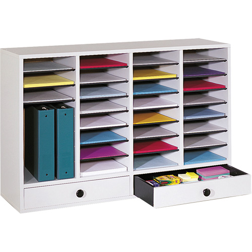 Adjustable Compartment Literature Organizer, Stationary, 34 Slots, Wood, 39-1/4" W x 11-3/4" D x 25-1/4" H