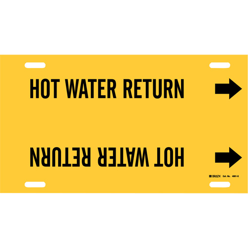 "Hot Water Return" Pipe Marker, Strap-On, 10" H x 24" W, Black on Yellow