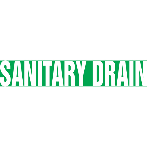 Snap Tite™ "Sanitary Drain" Pipe Marker, Snap-On, 6" H x 8" W, White on Green