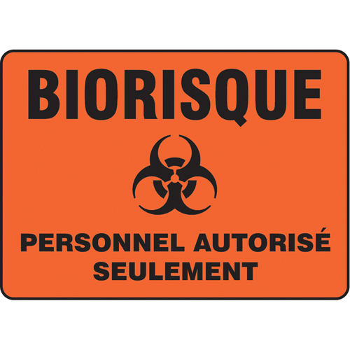 "Biorisque personnel autorisé seulement" Sign, 7" x 10", Aluminum, French with Pictogram
