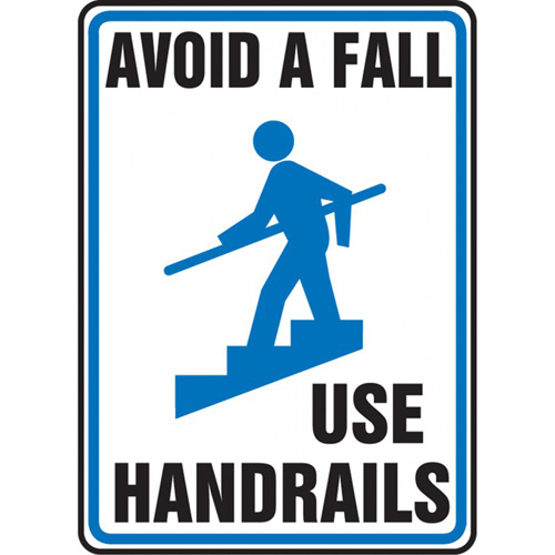 "Use Handrails" Sign, 10" x 14", Plastic, English with Pictogram
