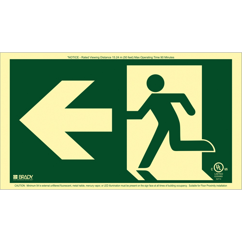 BradyGlo® Running Man Exit Sign with Left Arrow, 8-1/2" x 15", Plastic, Pictogram