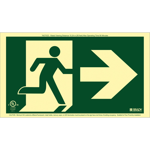 BradyGlo® Running Man Exit Sign with Right Arrow, 8-1/2" x 15", Plastic, Pictogram