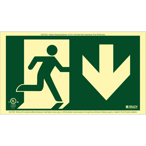 BradyGlo® Running Man Exit Sign with Down Arrow, 8-1/2" x 15", Plastic, Pictogram