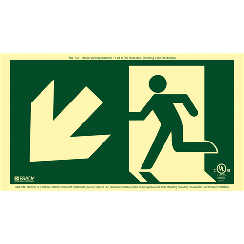 BradyGlo® Running Man Exit Sign with Down Left Arrow, 8-1/2" x 15", Plastic, Pictogram