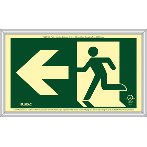 BradyGlo® Running Man Exit Sign with Left Arrow, 8-1/2" x 15", Plastic, Pictogram