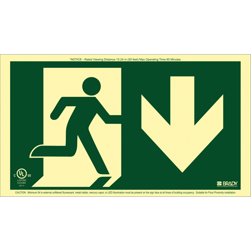 BradyGlo® Running Man Exit Sign with Down Arrow, 8-1/2" x 15", Plastic, Pictogram