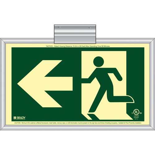 BradyGlo® Running Man Exit Sign with Left Arrow, 8-1/2" x 15", Plastic, Pictogram
