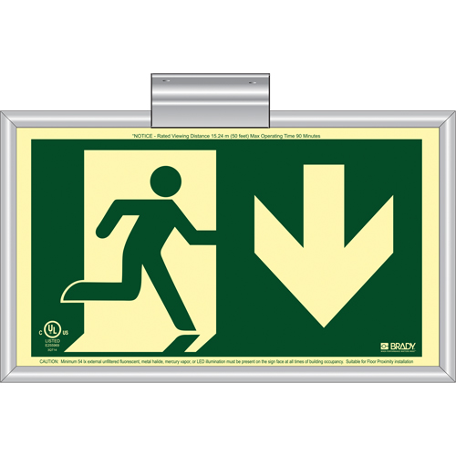 BradyGlo® Running Man Exit Sign with Down Arrow, 8-1/2" x 15", Plastic, Pictogram