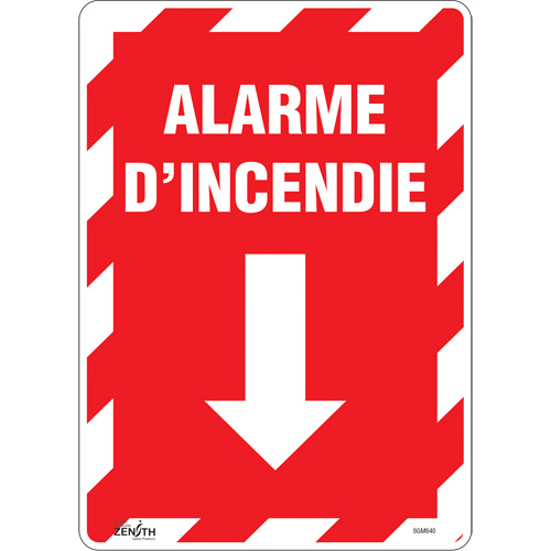 "Alarme D'Incendie" Arrow Sign, 14" x 10", Vinyl, French with Pictogram
