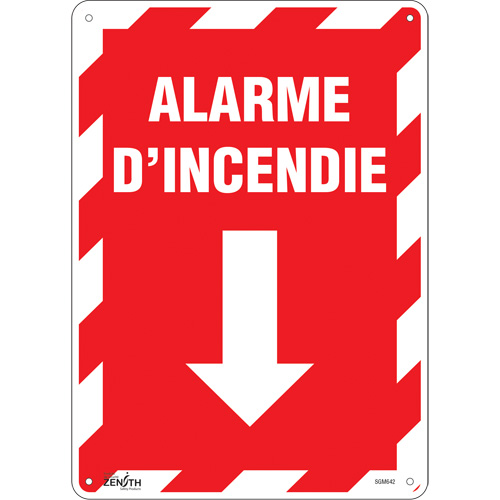 "Alarme D'Incendie" Arrow Sign, 14" x 10", Aluminum, French with Pictogram