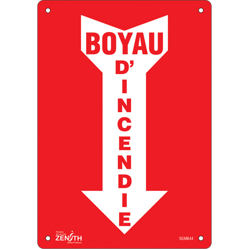 "Boyau D'Incendie" Arrow Sign, 10" x 7", Plastic, French with Pictogram