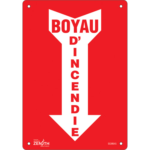 "Boyau D'Incendie" Arrow Sign, 10" x 7", Aluminum, French with Pictogram