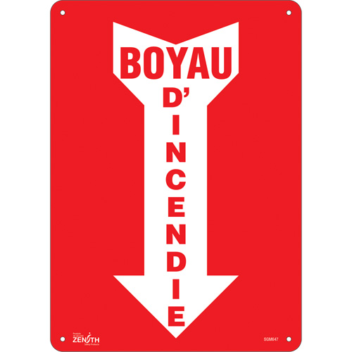 "Boyau D'Incendie" Arrow Sign, 14" x 10", Plastic, French with Pictogram