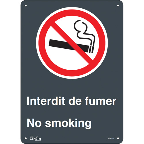 "Interdit De Fumer/No Smoking" Sign, 14" x 10", Aluminum, Bilingual with Pictogram