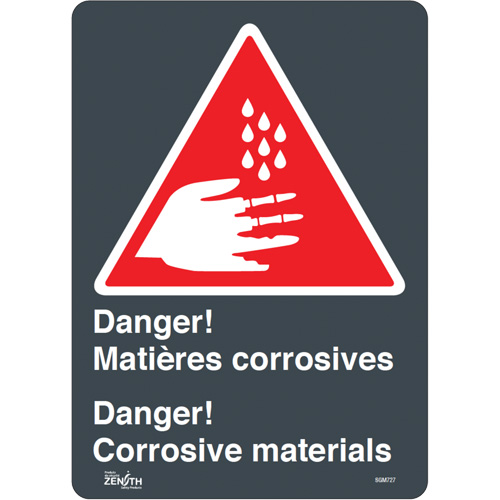 "Corrosive Materials" Sign, 14" x 10", Vinyl, Bilingual with Pictogram