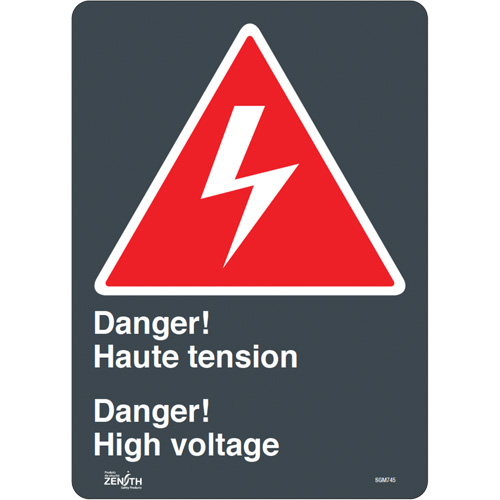 "Haute Tension/High Voltage" Sign, 14" x 10", Vinyl, Bilingual with Pictogram