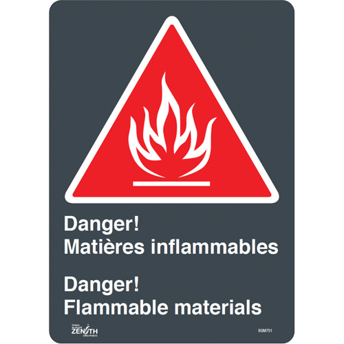 "Flammable Materials/Matières Inflammable" Sign, 14" x 10", Vinyl, Bilingual with Pictogram