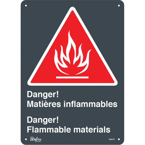 "Matières Inflammables/Flammable Materials" Sign, 14" x 10", Aluminum, Bilingual with Pictogram