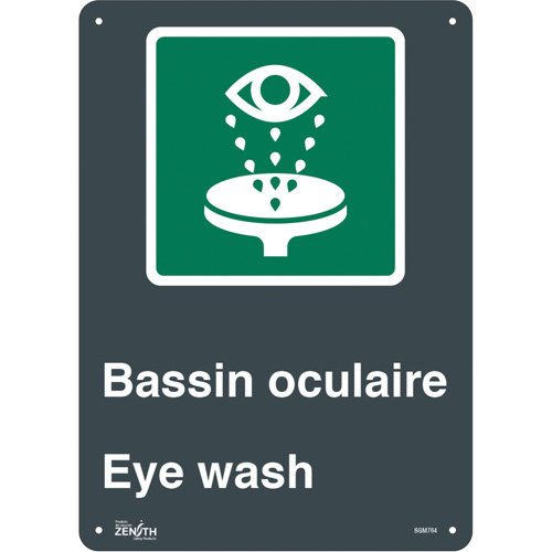 "Bassin Oculaire/Eye Wash" Sign, 14" x 10", Plastic, Bilingual with Pictogram