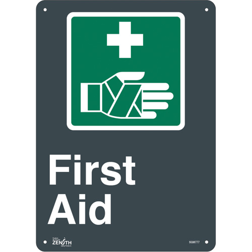 "First Aid" Sign, 14" x 10", Aluminum, English with Pictogram