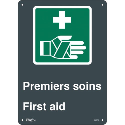"Premier Soins/First Aid" Sign, 14" x 10", Plastic, Bilingual with Pictogram