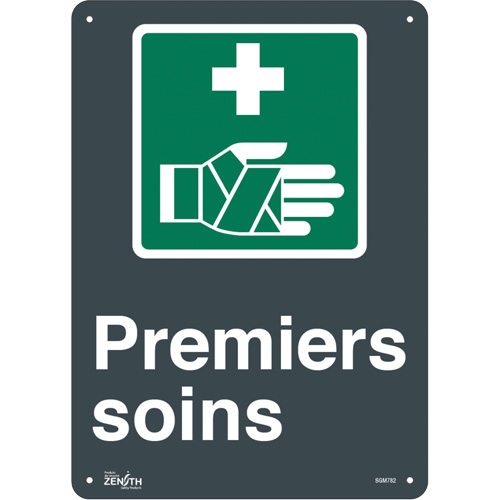 "Premier Soins" Sign, 14" x 10", Plastic, French with Pictogram