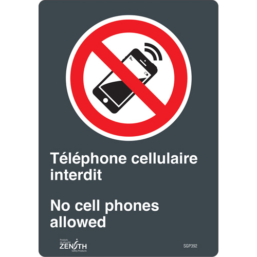 "Téléphone cellulaire interdit /No Cell Phones" Sign, 10" x 7", Vinyl, Bilingual with Pictogram