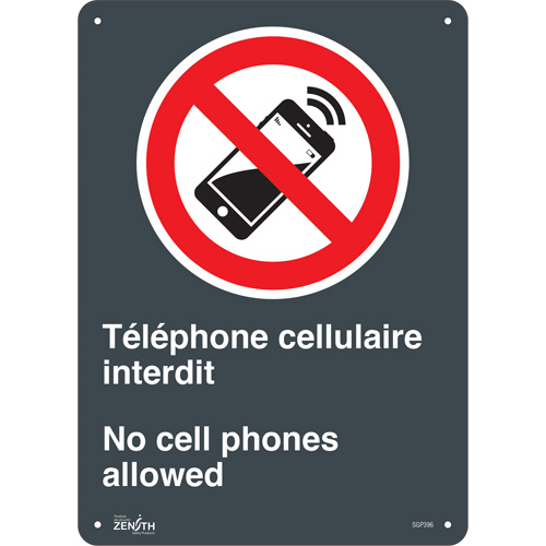 "Téléphone cellulaire interdit /No Cell Phones" Sign, 14" x 10", Plastic, Bilingual with Pictogram
