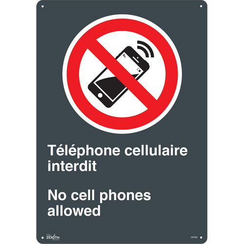 "Téléphone cellulaire interdit /No Cell Phones" Sign, 20" x 14", Aluminum, Bilingual with Pictogram
