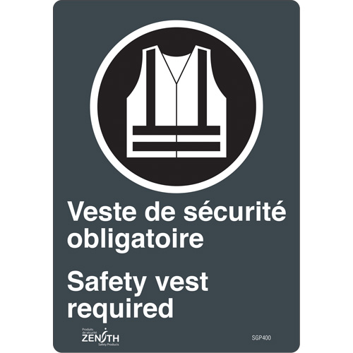 "Port du dossard obligatoire/Safety Vest Required" Sign, 10" x 7", Vinyl, Bilingual with Pictogram