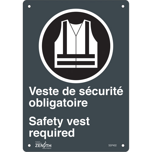 "Port du dossard obligatoire/Safety Vest Required" Sign, 10" x 7", Aluminum, Bilingual with Pictogram