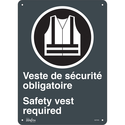"Port du dossard obligatoire/Safety Vest Required" Sign, 14" x 10", Aluminum, Bilingual with Pictogram