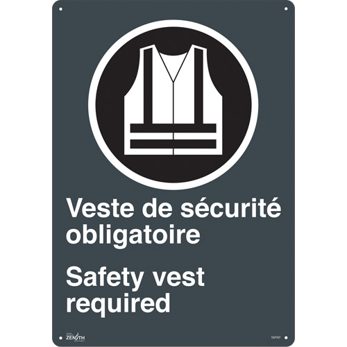 "Port du dossard obligatoire/Safety Vest Required" Sign, 20" x 14", Aluminum, Bilingual with Pictogram
