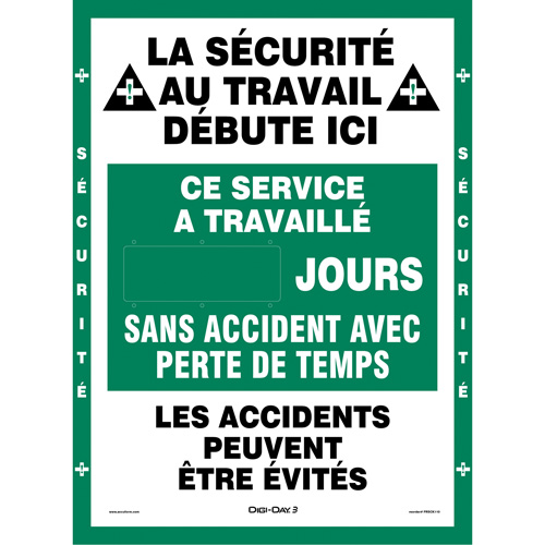 "Jours sans accident" Digi-Day® 3 Electronic Signal Scoreboard, 28" x 20", Aluminum, French with Pictogram