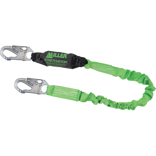 Miller® StretchStop® Shock-Absorbing Lanyard, 6', Locking Snap Hook Center, Locking Snap Hook Leg Ends, Polyester