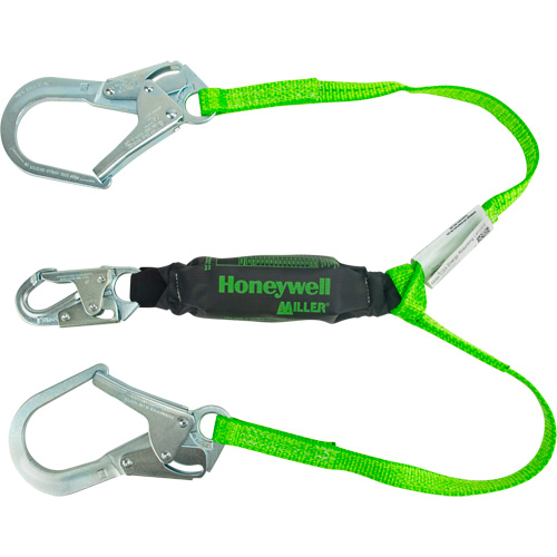Miller HP™ Shock-Absorbing Lanyard, 4', Locking Rebar Hook Center, Locking Snap Hook Leg Ends, Polyester