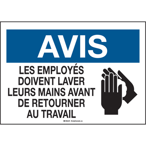 "Les employés doivent laver leurs mains" Sign, 10" x 14", Plastic, French with Pictogram