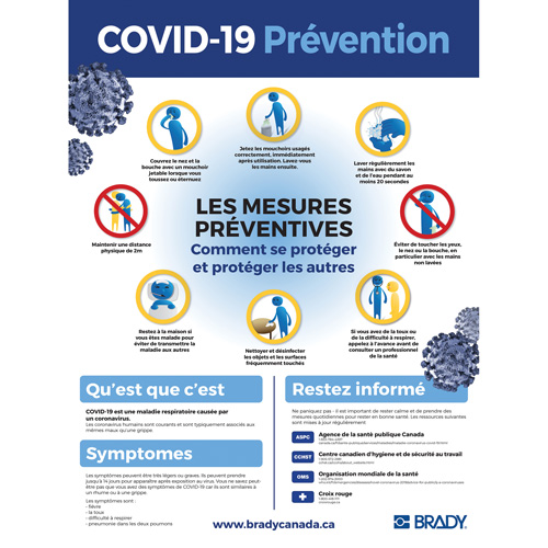 COVID-19 Awareness Sign, 24" x 18", Polyester, French with Pictogram - Facility Signs - SGU259