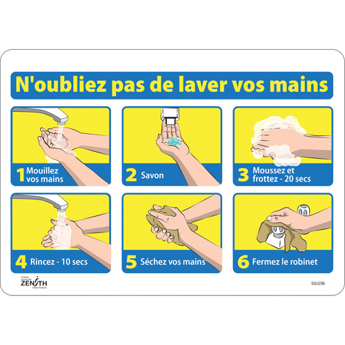 "N'oubliez pas de laver vos mains" Sign, 10" x 14", Vinyl, French with Pictogram