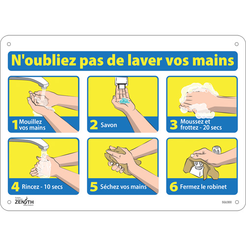 "N'oubliez pas de laver vos mains" Sign, 10" x 14", Plastic, French with Pictogram