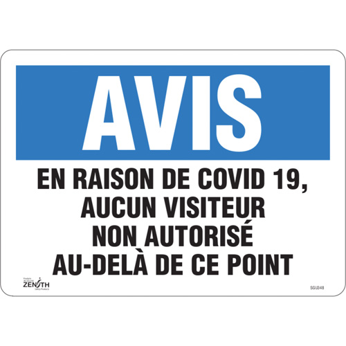 "COVID-19, aucun visiteur non autorisé" Sign, 10" x 14", Vinyl, French - Facility Signs - SGU348