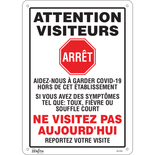 "COVID-19 Ne visitez pas aujourd'hui" Sign, 14" x 10", Aluminum, French with Pictogram - Facility Signs - SGU356