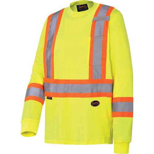 Long-Sleeved Safety Shirt, Cotton, Small, High Visibility Lime-Yellow