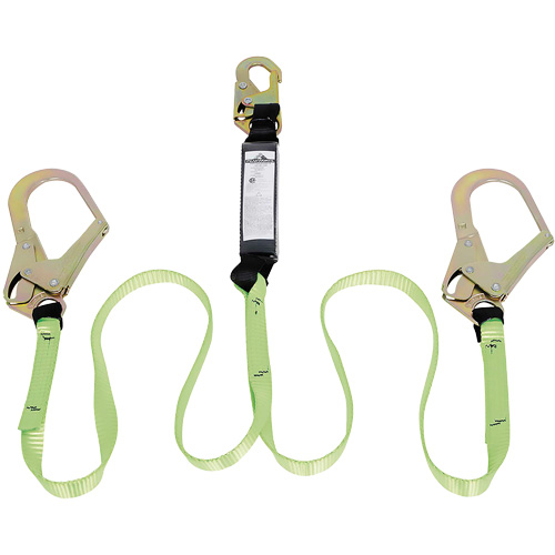Shock Absorbing Lanyard, 6', E4, Rebar Hook Center, Snap Hook Leg Ends, Polyester
