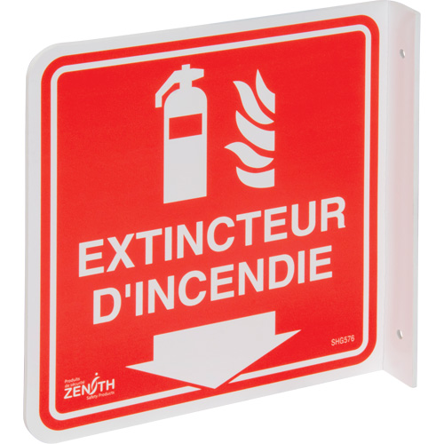 90° Projecting "Extincteur d'Incendie" Sign, 8" x 8", Plastic, French with Pictogram